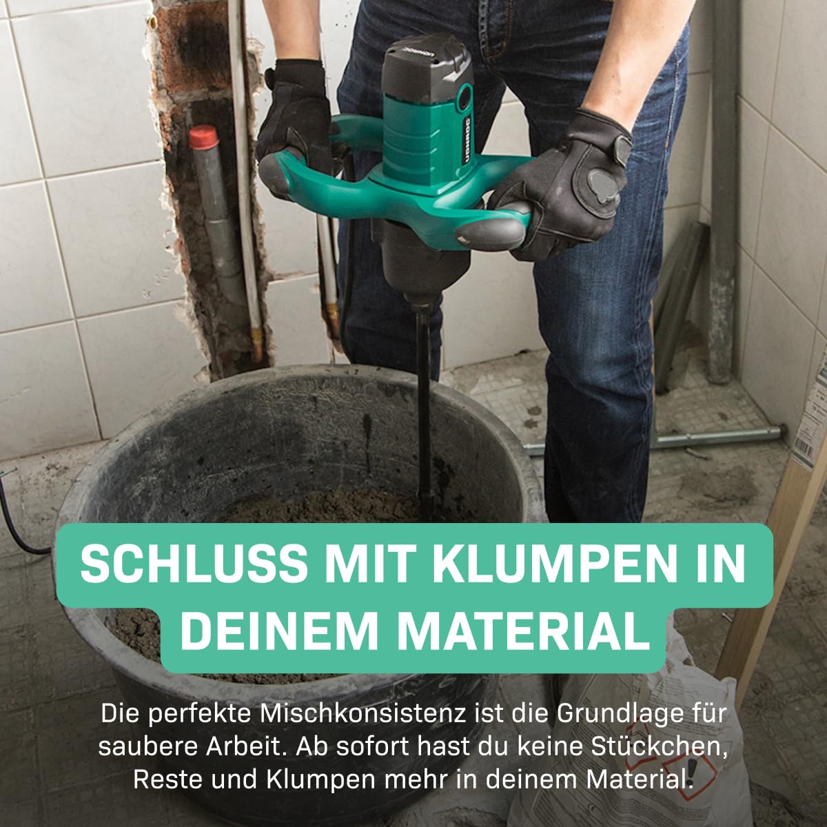 VONROC Mörtelrührer inkl. Rührwerk [1800W] - Betonmischer Quirl [mit Sanftanlauf] für Beton, Zement, Farbe, Mörtel - 2 Geschwindigkeitsmodi