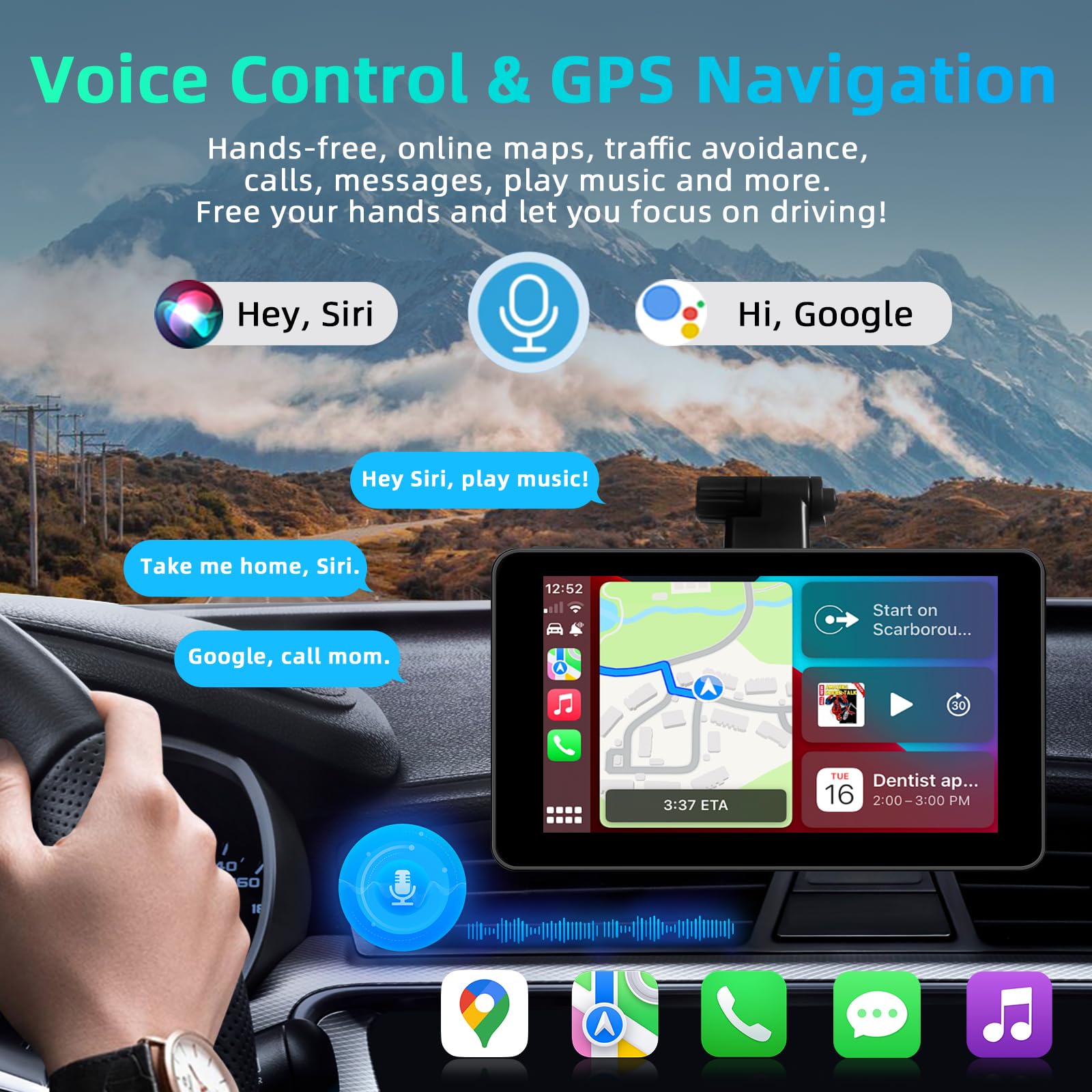 7 Zoll Android Auto Display & Carplay Display, Wireless Car Play Android mit 1080P HD Rückfahrkamera IPS Touch Screen Bluetooth AUX FM Mirror Link Siri, GPS Navigation