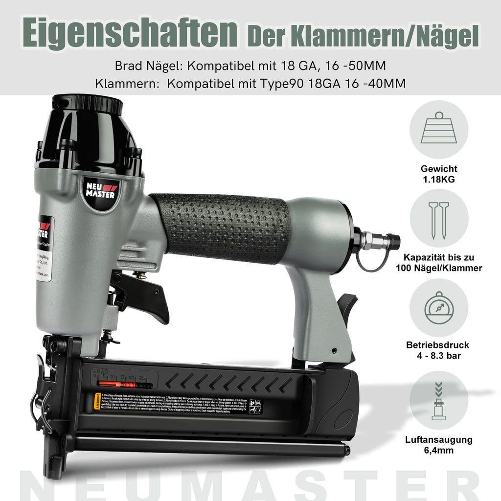 NEU MASTER Druckluftnagler, 2 in1 Drucklufttacker mit Transportkoffer inkl. 800 Nägel und 200 Klammern für Werkstatt und Haus