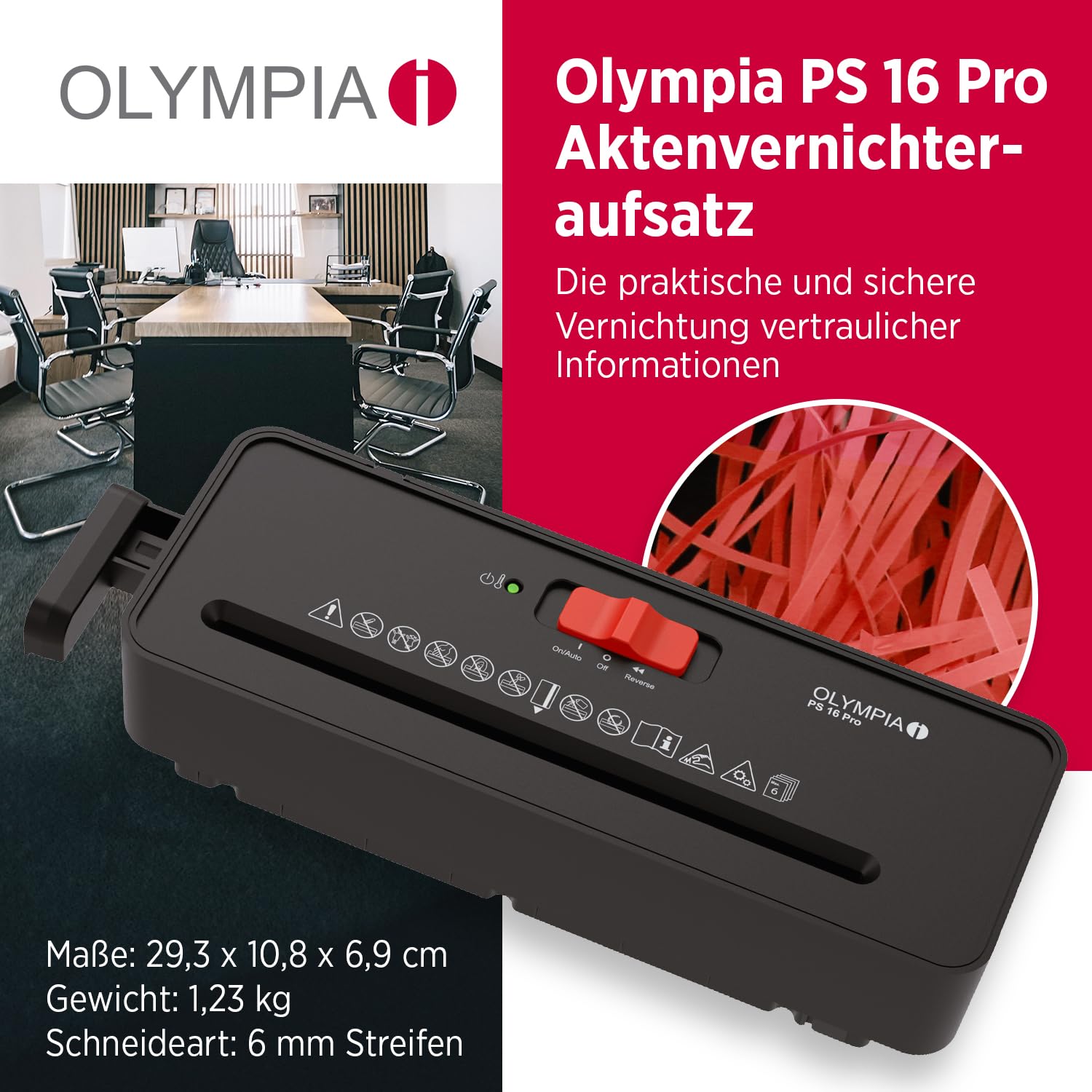 OLYMPIA PS 16 Pro Aktenvernichter Aufsatz schwarz | Kompakter Papierschredder für zu Hause | Schredder Aktenvernichter im Streifenschnitt | Shredder Papier | Papier Schredder Gerät