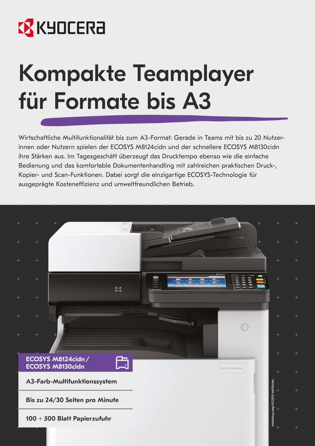 Kyocera Ecosys M8130cidn Farblaserdrucker Multifunktionsgerät mit Touchpanel: Drucker Scanner Kopierer, 30 Seiten pro Minute. Din A3 Drucker Inkl. Mobile-Print-Unterstützung.