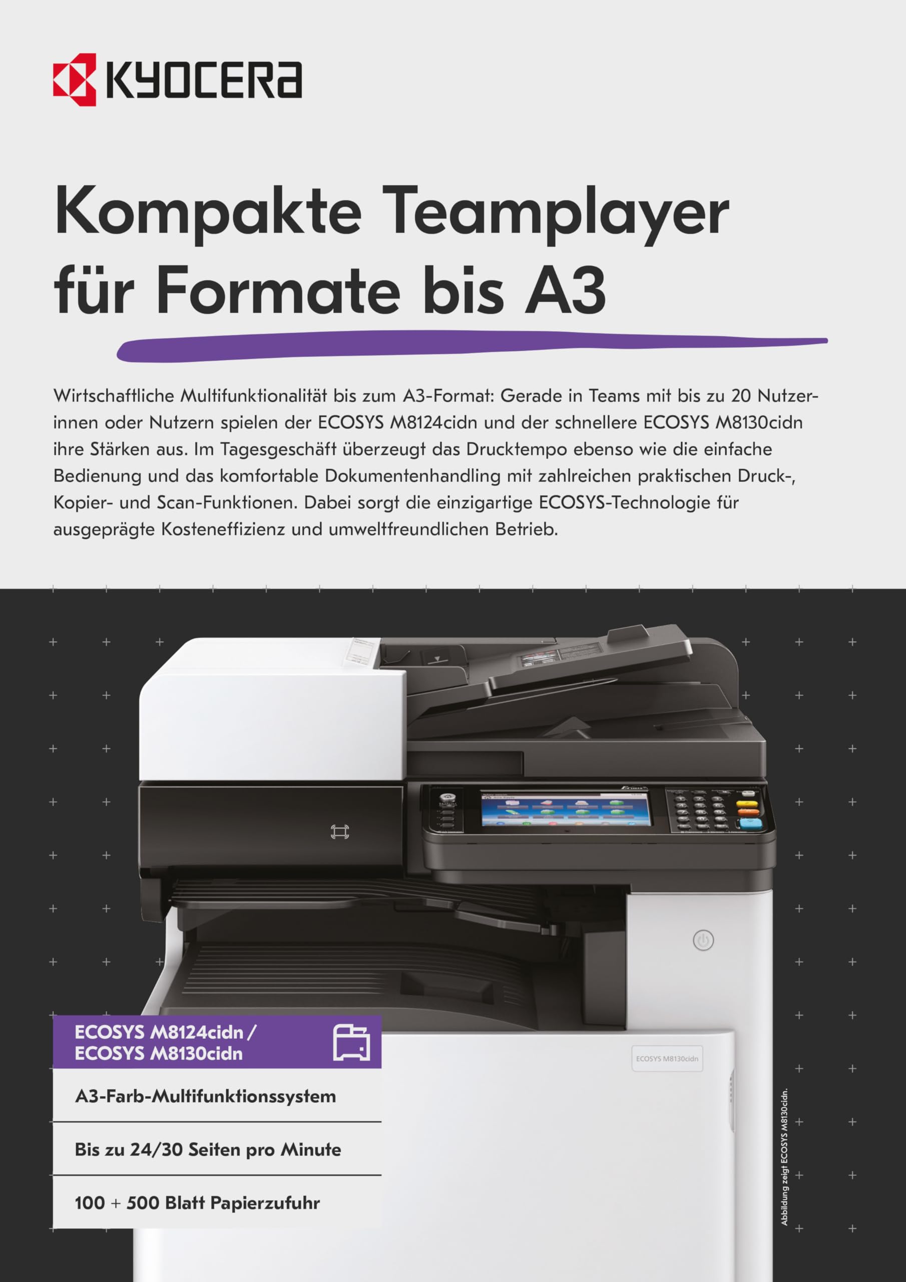 Kyocera Ecosys M8130cidn Farblaserdrucker Multifunktionsgerät mit Touchpanel: Drucker Scanner Kopierer, 30 Seiten pro Minute. Din A3 Drucker Inkl. Mobile-Print-Unterstützung.