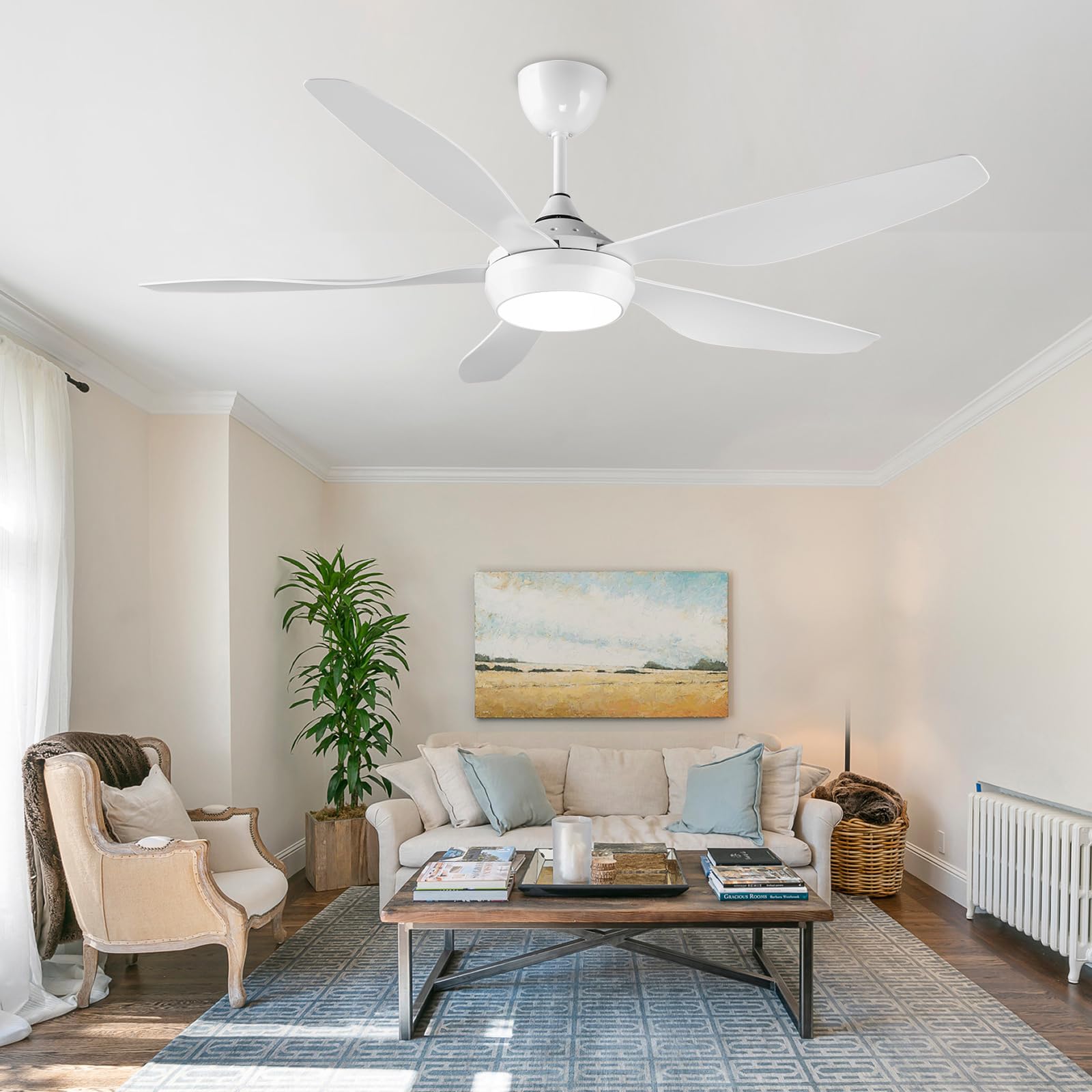 reiga Deckenventilator mit dimmbarer LED Beleuchtung und Fernbedienung, 137 cm Deckenventilatoren 5 Flügel, Kompatibel mit Smart App Alexa - Weiß