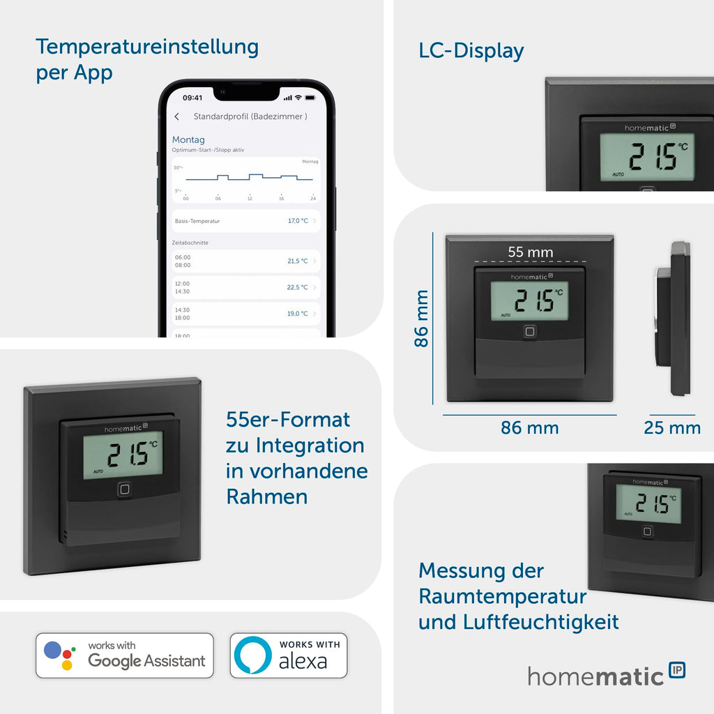 Homematic IP Smart Home Temperatur- und Luftfeuchtigkeitssensor mit Display – innen, anthrazit, steuert Heizkörper/Fußbodenheizung per App, Alexa, Temperaturmessung, Energie sparen, 160551A0