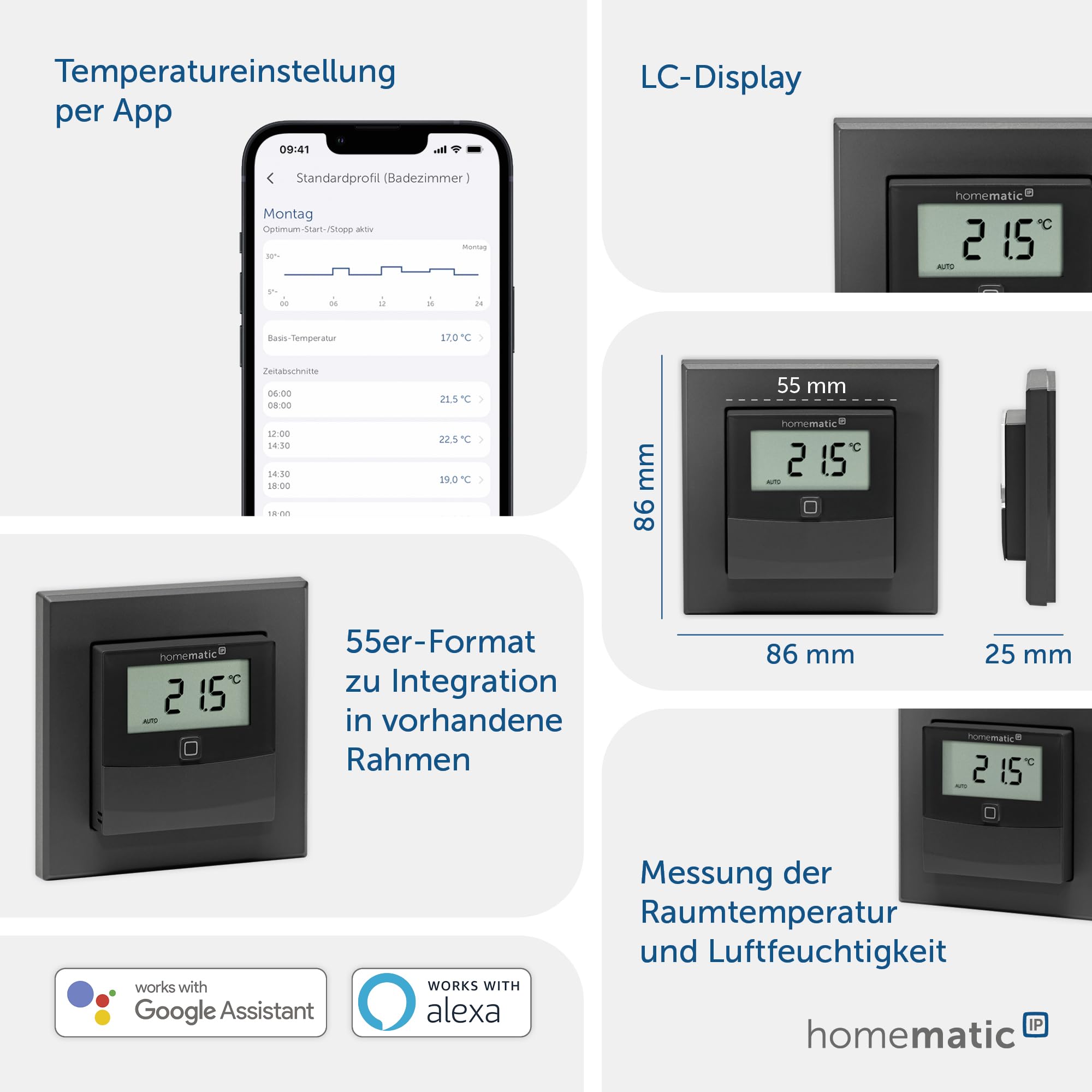 Homematic IP Smart Home Temperatur- und Luftfeuchtigkeitssensor mit Display – innen, anthrazit, steuert Heizkörper/Fußbodenheizung per App, Alexa, Temperaturmessung, Energie sparen, 160551A0