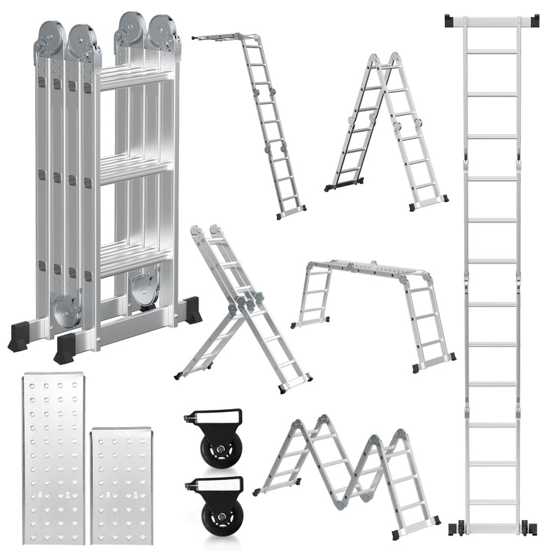 Lospitch 4x3 Mehrzweckleiter, 360cm 7 in 1 Multifunktionsleiter mit 2 plattform, Aluminium Vielzweckleiter mit 2 Transport Rollen bis 150 kg, Arbeitsleiter 12 Stufen, Silber