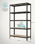 SONGMICS Schwerlastregal, Kellerregal, Lagerregal, 60 x 120 x 200 cm, Regal mit Stahlgestell, bis 750 kg belastbar, 5 verstellbare Ablagen, schwarz GLR060B01