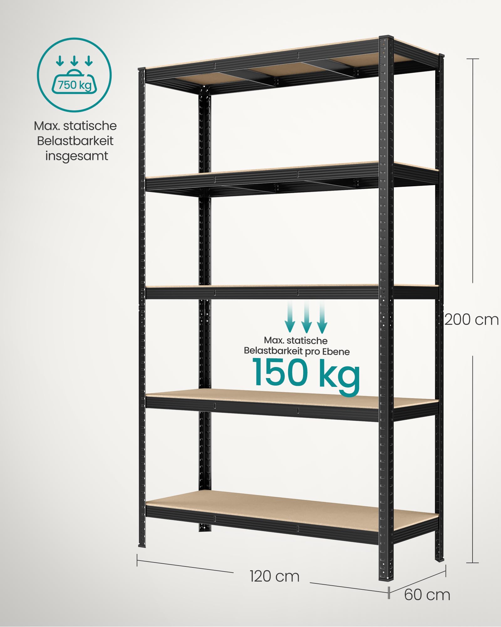 SONGMICS Schwerlastregal, Kellerregal, Lagerregal, 60 x 120 x 200 cm, Regal mit Stahlgestell, bis 750 kg belastbar, 5 verstellbare Ablagen, schwarz GLR060B01