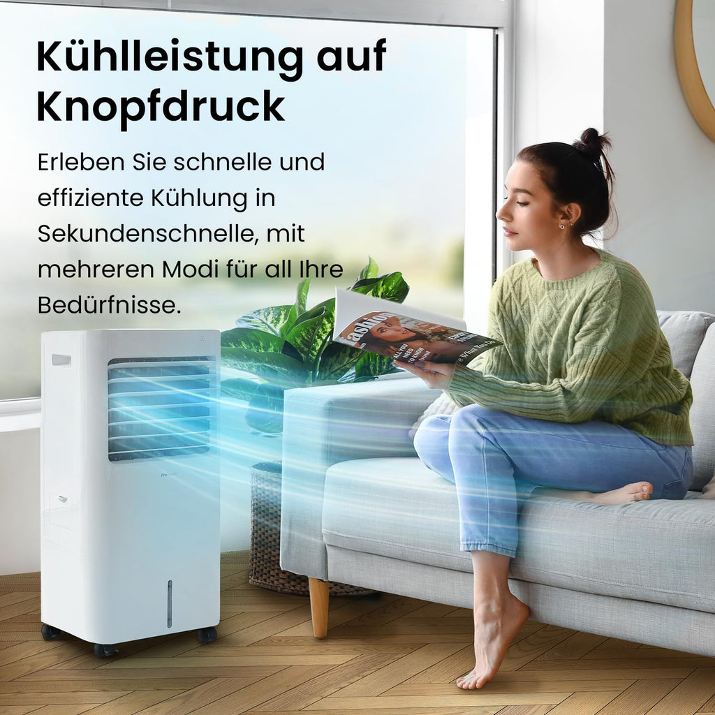 Pro Breeze 10L Mobiler Luftkühler, 4in1 mit 3 Stufen, LED Anzeige und Fernbedienung, Mobiles Klimagerät ohne Abluftschlauch für Luftkühlung, Ventilation, Befeuchtung, inkl. Timer & Oszillation, Weiß