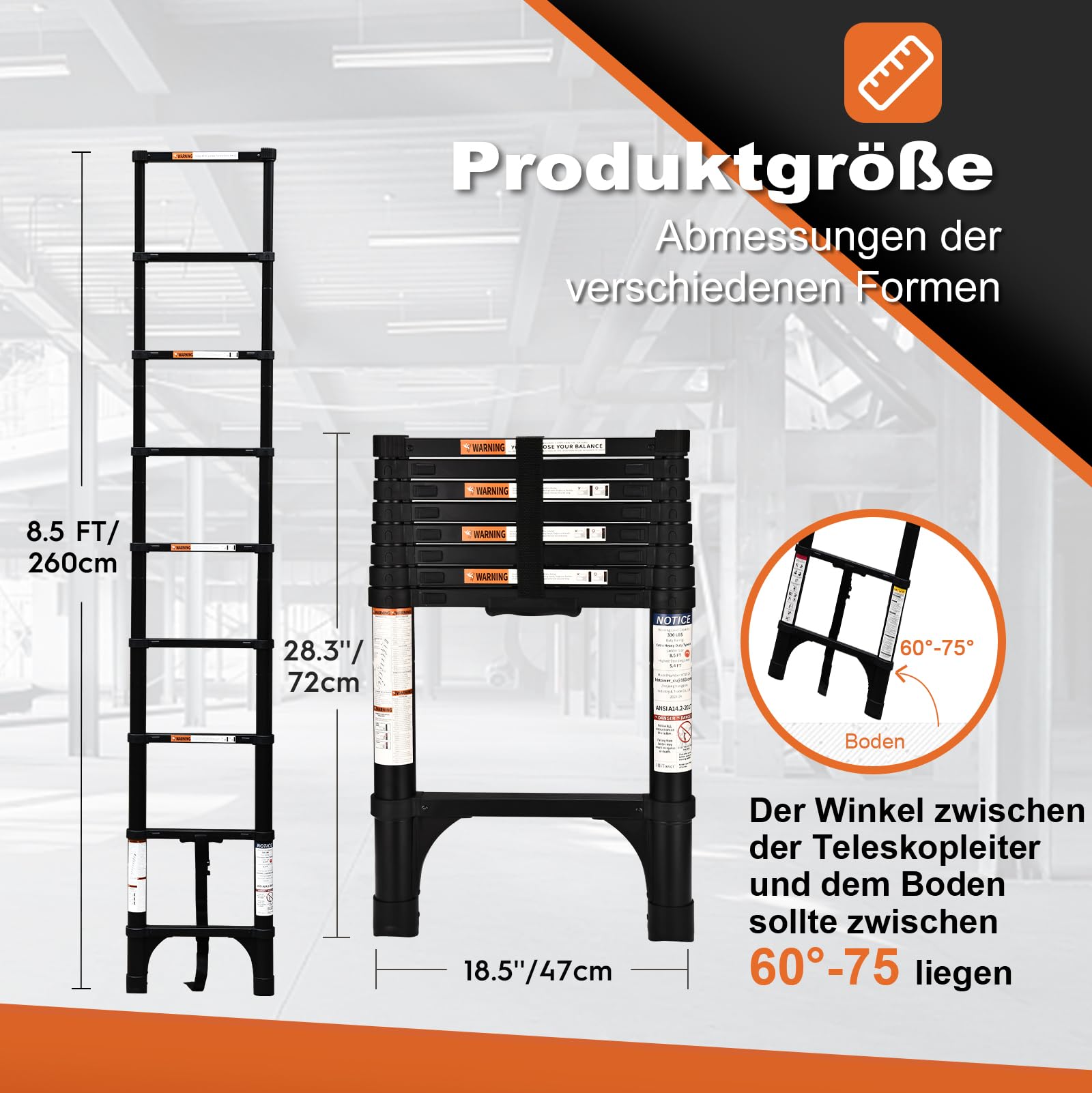HBTower Teleskopleiter 2,6 m aus Aluminium, Klappbare Ausziehleiter mit Rutschfesten Füßen, Leicht & Stabil, Tragkraft 150 kg, Ideal für Heimwerker & Wohnwagen, Schwarz