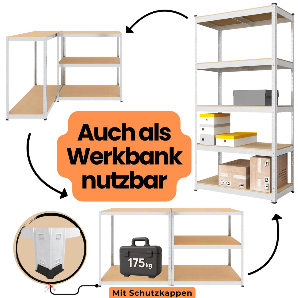 baudim - 180x60x40 cm Schwerlastregal, Steckregal verzinkt mit 5 MDF-Böden und 175 kg Tragkraft, Metallregal, Garagenregal oder Lagerregal, Kellerregal, Abstelraum, Werkstattregal Metall