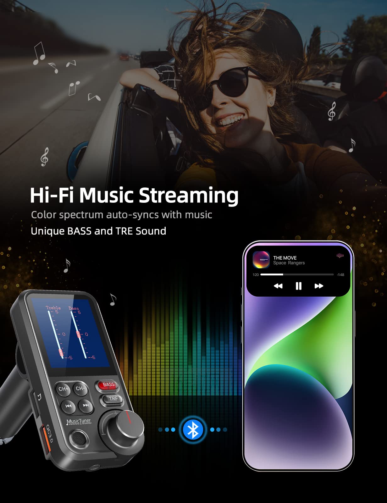 Nulaxy Bluetooth Adapter Auto, Starkes Mikrofon FM Transmitter Auto Bluetooth mit 1,8-Zoll-Farbbildschirm für Freisprechanrufe, unterstützt QC3.0-Lade-, Höhen- und Bassmusik-Player - KM30