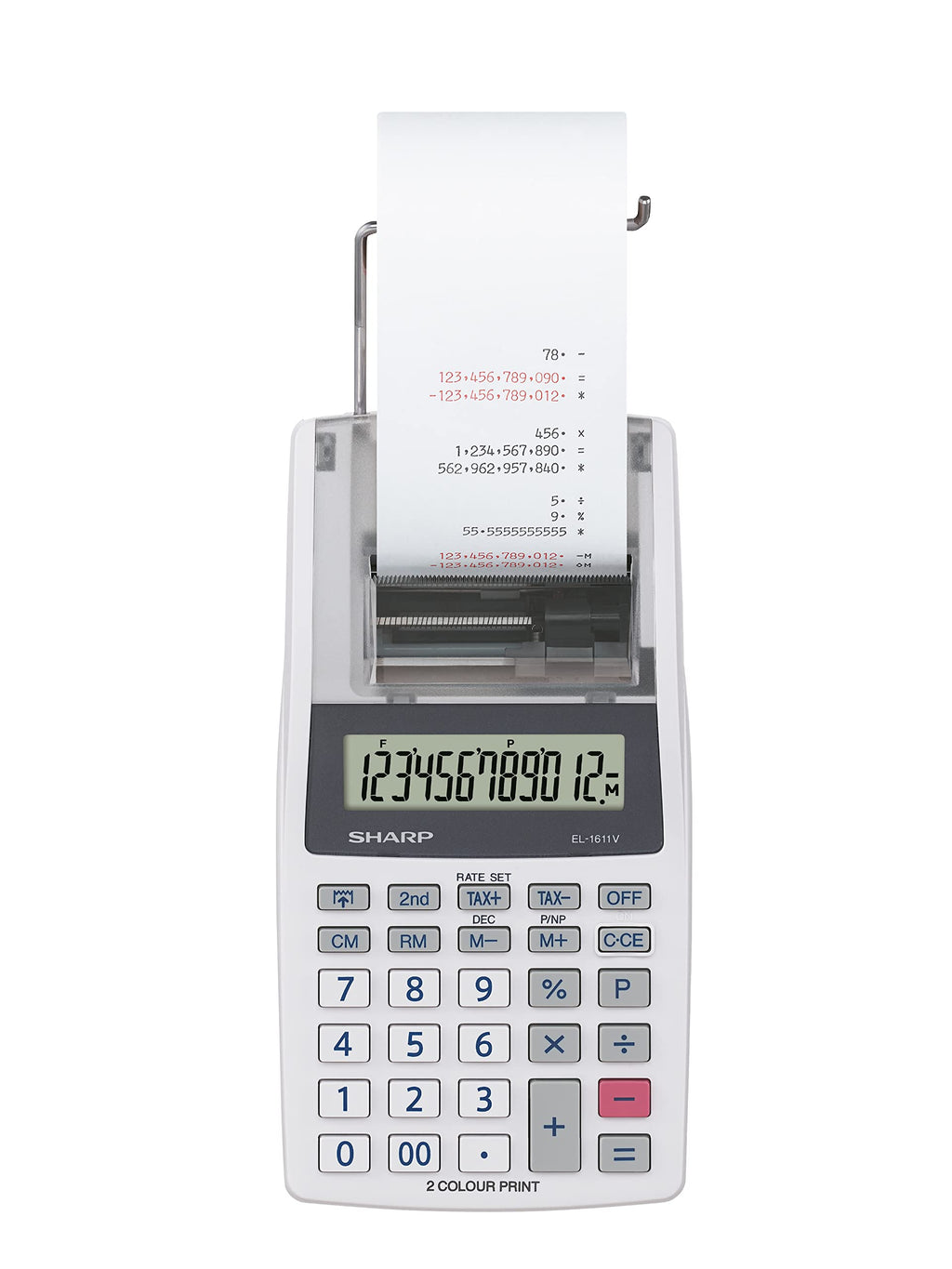 Sharp Druckender Mini-Tischrechner EL-1611V (großes 12-stelliges LCD Display, schwarz rote Druckfarben) Weiß
