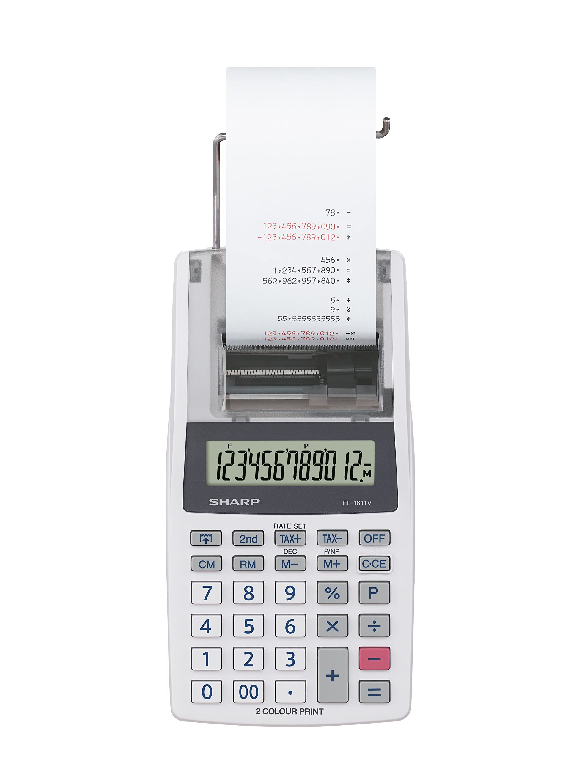 Sharp Druckender Mini-Tischrechner EL-1611V (großes 12-stelliges LCD Display, schwarz rote Druckfarben) Weiß