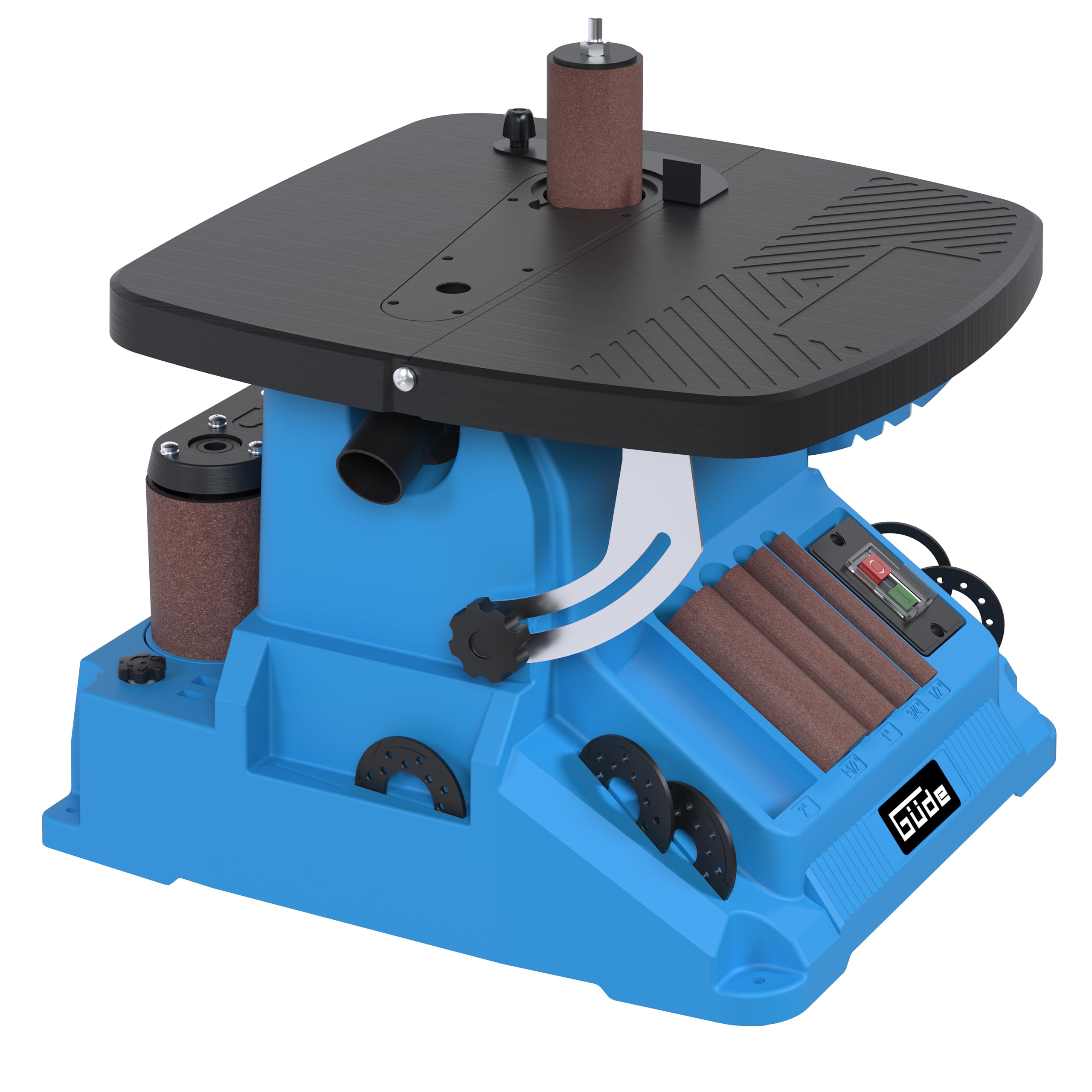 Güde Spindel-Bandschleifmaschine GSBSM 500 (230 V, 500 W, 2000 min-1 Spindeldrehzahl, 8 m/s Bandgeschw., oszillierend, 2 in 1 Gerät, werkzeuglose Umrüstung, Tisch 0-45° einstellbar, inkl. Zubehör)