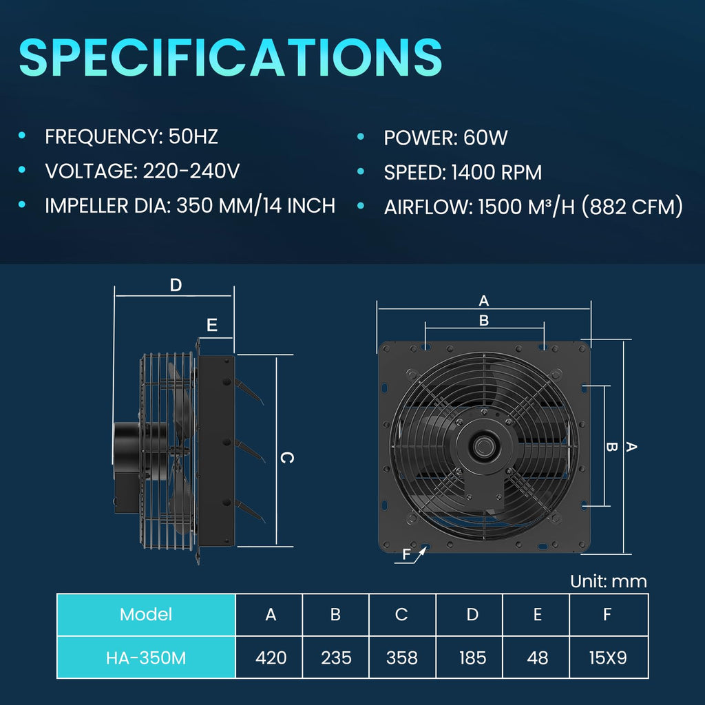 HG Power 350mm Abluftventilator Industrie Wandventilator 1500m³/h Wandlüfter mit Maschensieb Auspuffventilator mit EU-Stecker Aluminium Fensterventilator für Keller Garage Küche