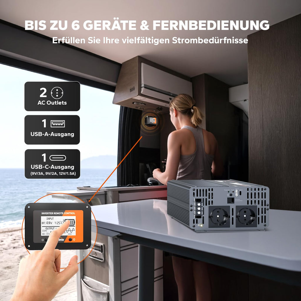 LiTime 2000W Reiner Sinsuswellen Wechselrichter, 12V DC auf 230V AC Konverter, mit Fernbedienung, 4000W Spitzenleistung, 2*AC Ausgängen, USB-Anschluss, Typ-C-Anschluss für Womo, Camping, Solarstrom