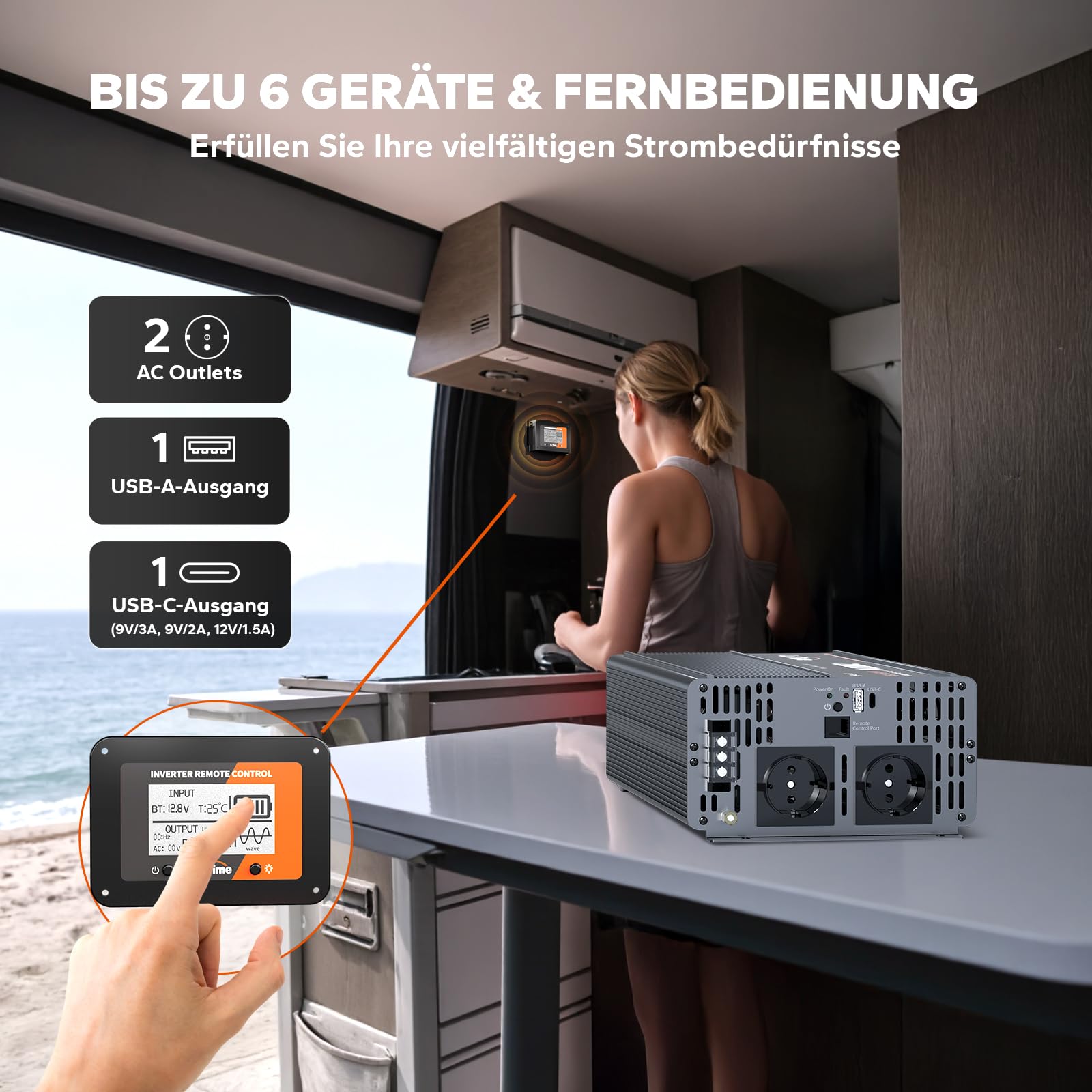 LiTime 2000W Reiner Sinsuswellen Wechselrichter, 12V DC auf 230V AC Konverter, mit Fernbedienung, 4000W Spitzenleistung, 2*AC Ausgängen, USB-Anschluss, Typ-C-Anschluss für Womo, Camping, Solarstrom