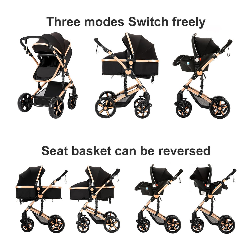 Reenborn Kinderwagen 3 in 1, Buggy mit Zwei Umkehrbaren Schiebemodi, Kinderwagen mit Rahmen Aluminiumlegierung, Babywagen 3 in 1 Komplettset mit Ein-Klick-Faltdesign Hohe Landschaft (588 Black Gold)