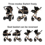 Reenborn Kinderwagen 3 in 1, Buggy mit Zwei Umkehrbaren Schiebemodi, Kinderwagen mit Rahmen Aluminiumlegierung, Babywagen 3 in 1 Komplettset mit Ein-Klick-Faltdesign Hohe Landschaft (588 Black Gold)