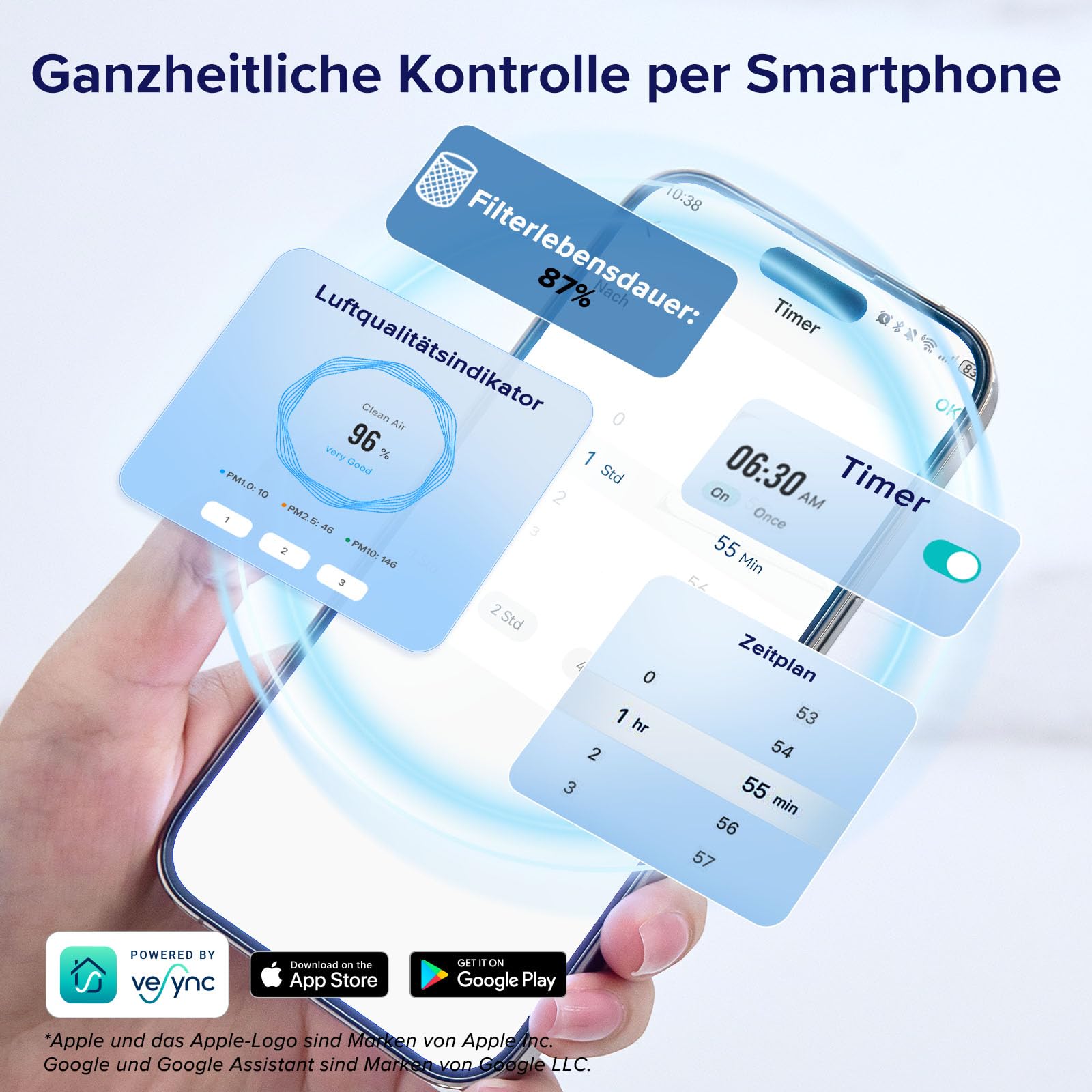 LEVOIT Luftreiniger Allergiker für große Räume mit waschbarem Vorfilter, CADR 612m³/h, 3-Kanal-Luftqualitätsmonitor, Smart WiFi und Filter für Haustiere, Rauch, Staub, Pollen, Alexa Control, 26dB