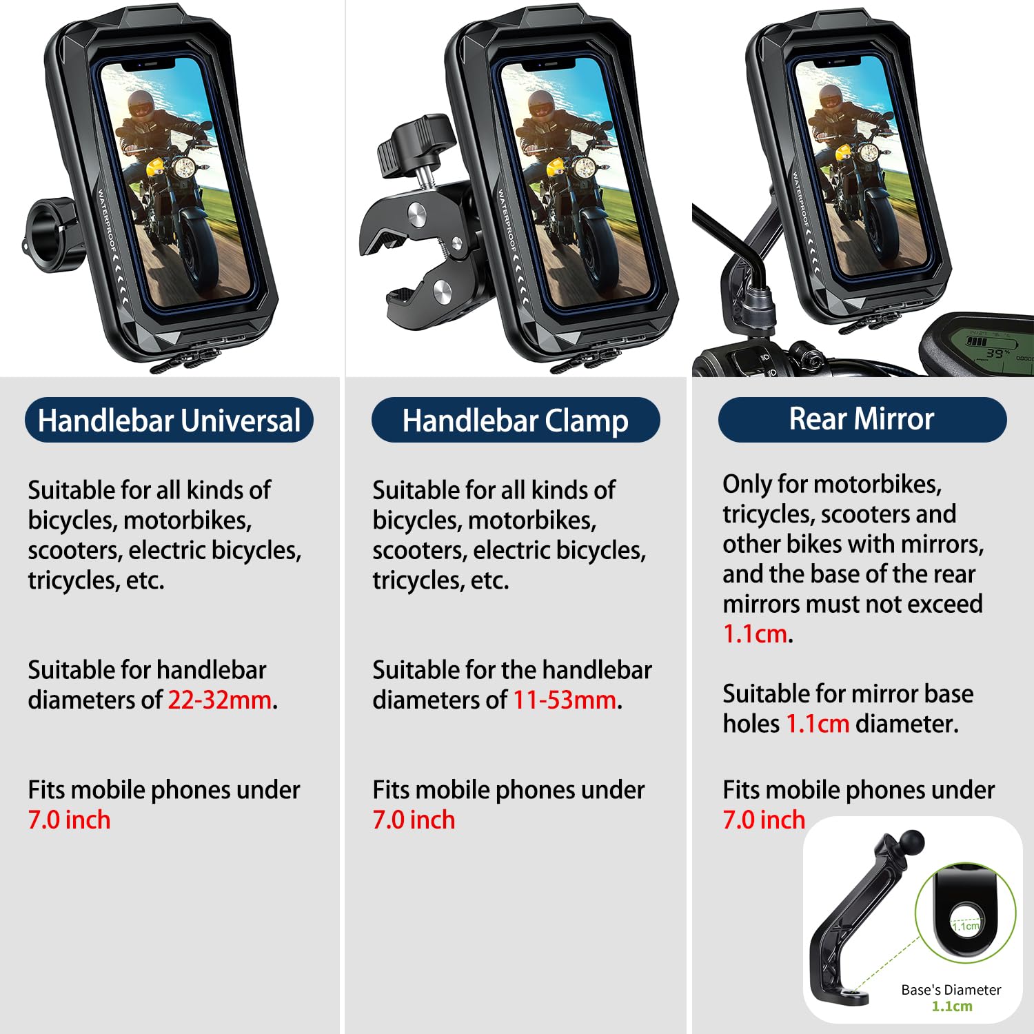 BTNEEU Handyhalterung Motorrad Wasserdicht Universal Anti-Shake Telefonhalterung mit Touchscreen Sonnenblende 360° Drehbar Halterung Motorrad Metall für Smartphone bis zu 7,0" (Schwarz C)