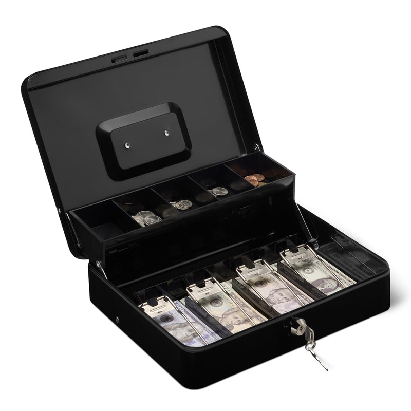 Amazon Basics Geldkassette mit Schloss, Schlüssel und Geldablage, 9 x 30 x 24 cm (H x B x T), Schwarz