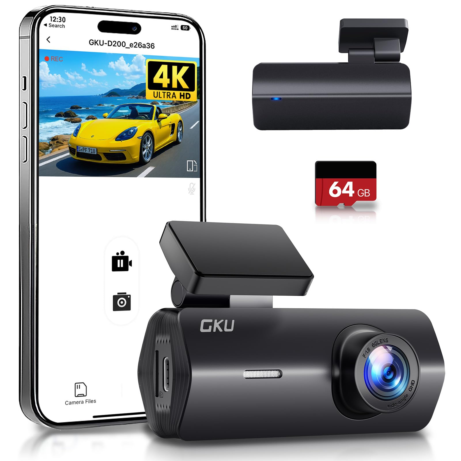 GKU 4K Dashcam Auto,dashcam Auto vorne, Auto Kamera mit integriertem WLAN,170° Weitwinkel,Nachtsicht,WDR,24H Parküberwachung,Loop-Aufnahme,G-Sensor,Dash cam Vorne inklusive 64GB SD Karte