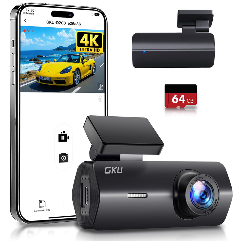 GKU 4K Dashcam Auto,dashcam Auto vorne, Auto Kamera mit integriertem WLAN,170° Weitwinkel,Nachtsicht,WDR,24H Parküberwachung,Loop-Aufnahme,G-Sensor,Dash cam Vorne inklusive 64GB SD Karte