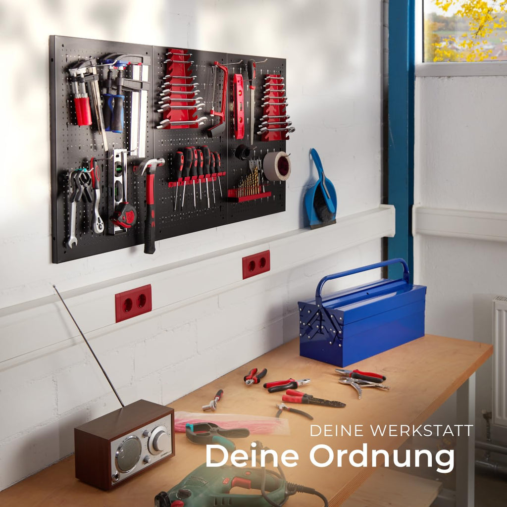 tectake® Werkzeug Lochwand aus Metall, 120 x 60 x 2 cm, Werkzeugwand Lochplatte, inkl. Werkzeughalter Set Haken und Halterungen, Wandregal Regalsystem für Werkbank, Garage, Werkstatteinrichtung - 3tlg