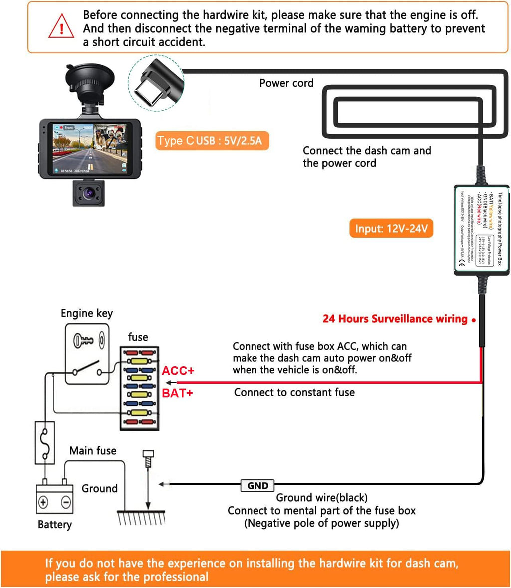 dashcam Gebildet Hardwire-Kit 12V-24V bis 5V Niederspannungsschutz 13ft/320cm Auto-Dashcam-Ladegerät Netzkabel für GPS-Stromversorgung Radarwarner kit