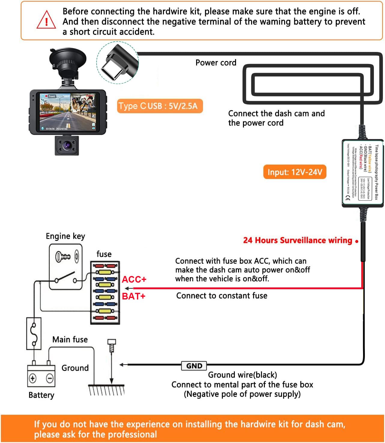 dashcam Gebildet Hardwire-Kit 12V-24V bis 5V Niederspannungsschutz 13ft/320cm Auto-Dashcam-Ladegerät Netzkabel für GPS-Stromversorgung Radarwarner kit
