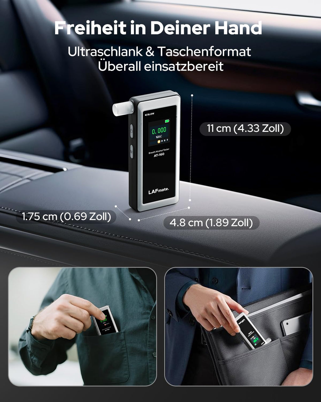 LAFMATE AT-160 Alkoholtester, hochpräziser Promilletester mit Alarmschwelleneinstellung, Breathalyzer mit digitaler LCD-Anzeige, Speicherfunktion, Typ-C-Laden, 10 Mundstücke für Heimgebrauch