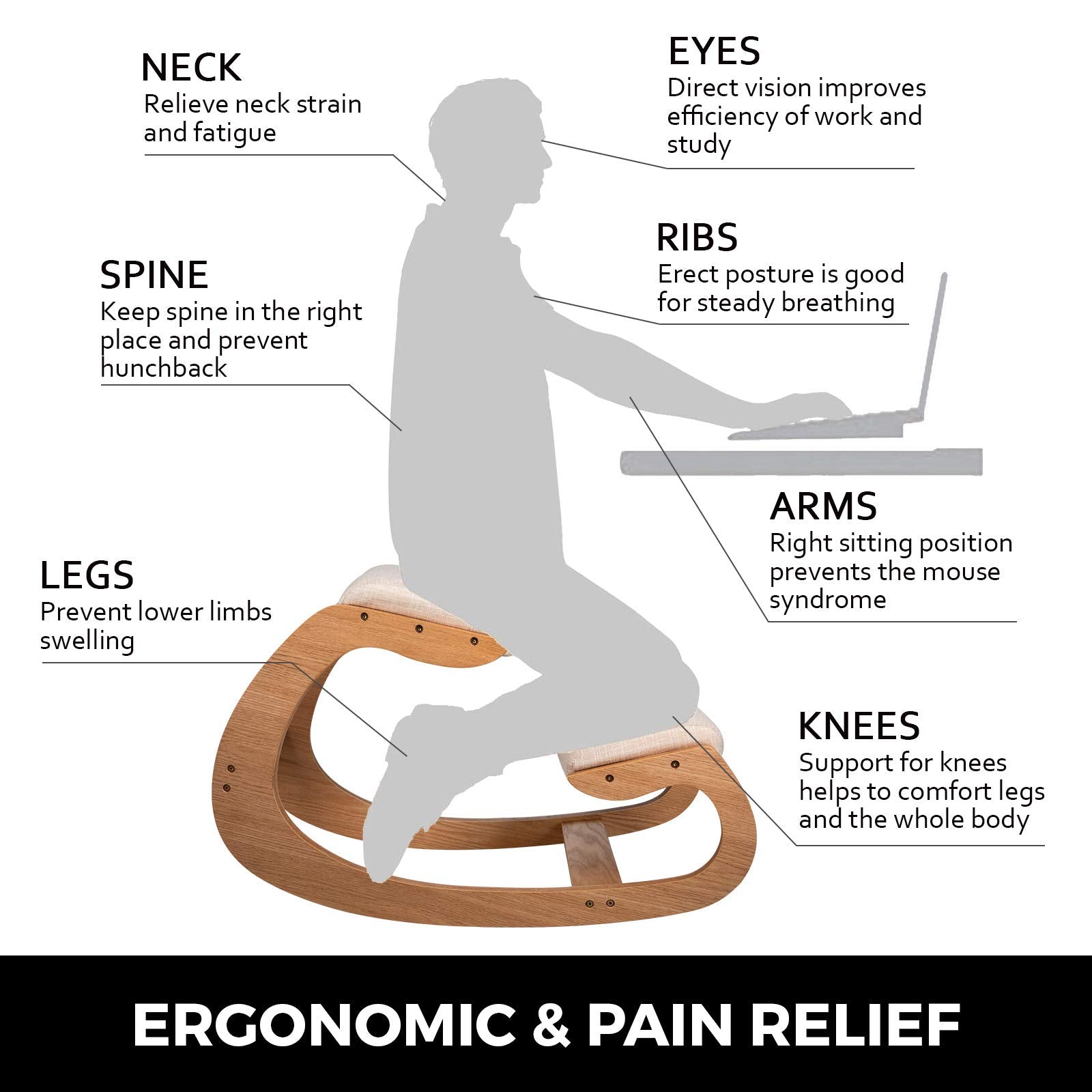 VEVOR ergonomischer Hocker Kniehocker mit Hüftpolster, Gesundheitsstuhl für Zuhause, Kniestuhl zur Verbesserung der Rückenschmerzen Nackenschmerzen Lindern & Körperhaltung (Weiße Eiche)