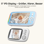 Boifun Babyphone mit Kamera, 5" IPS Video Babyfon ohne WLAN, PTZ 360 Grad Nachtsicht, Geräusch-/Temperaturerkennung, Plug & Play, 300m Hohe Reichweite, 3050mAh Akku, Zwei-Wege Audio, Wiegenlieder