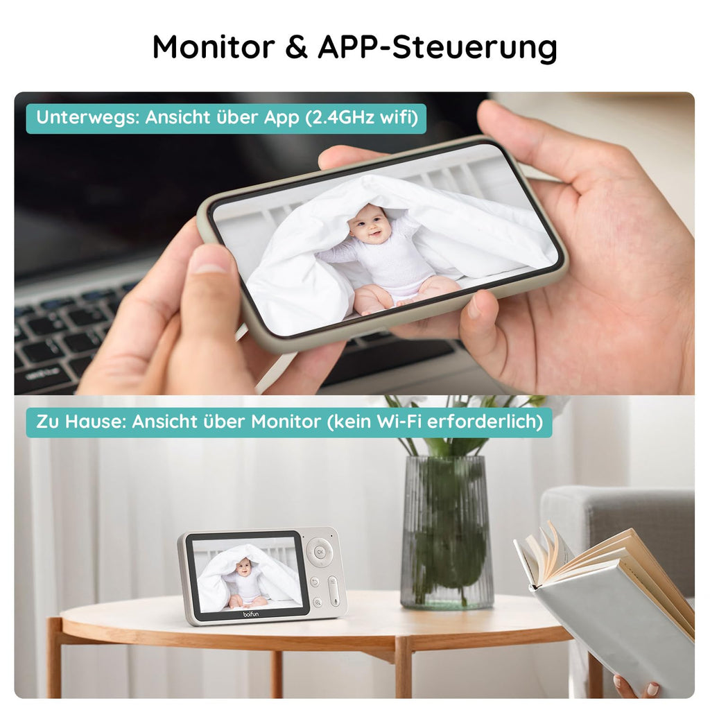 BOIFUN Babyphone mit 2 Kameras, 360 Gard WLAN 2MP Video Babyfon mit App, 4×Zoom, Bewegungsverfolgung, IR Nachtsicht, Weinen/Bewegungs/Geräuscherkennung, Temperaturerkennung