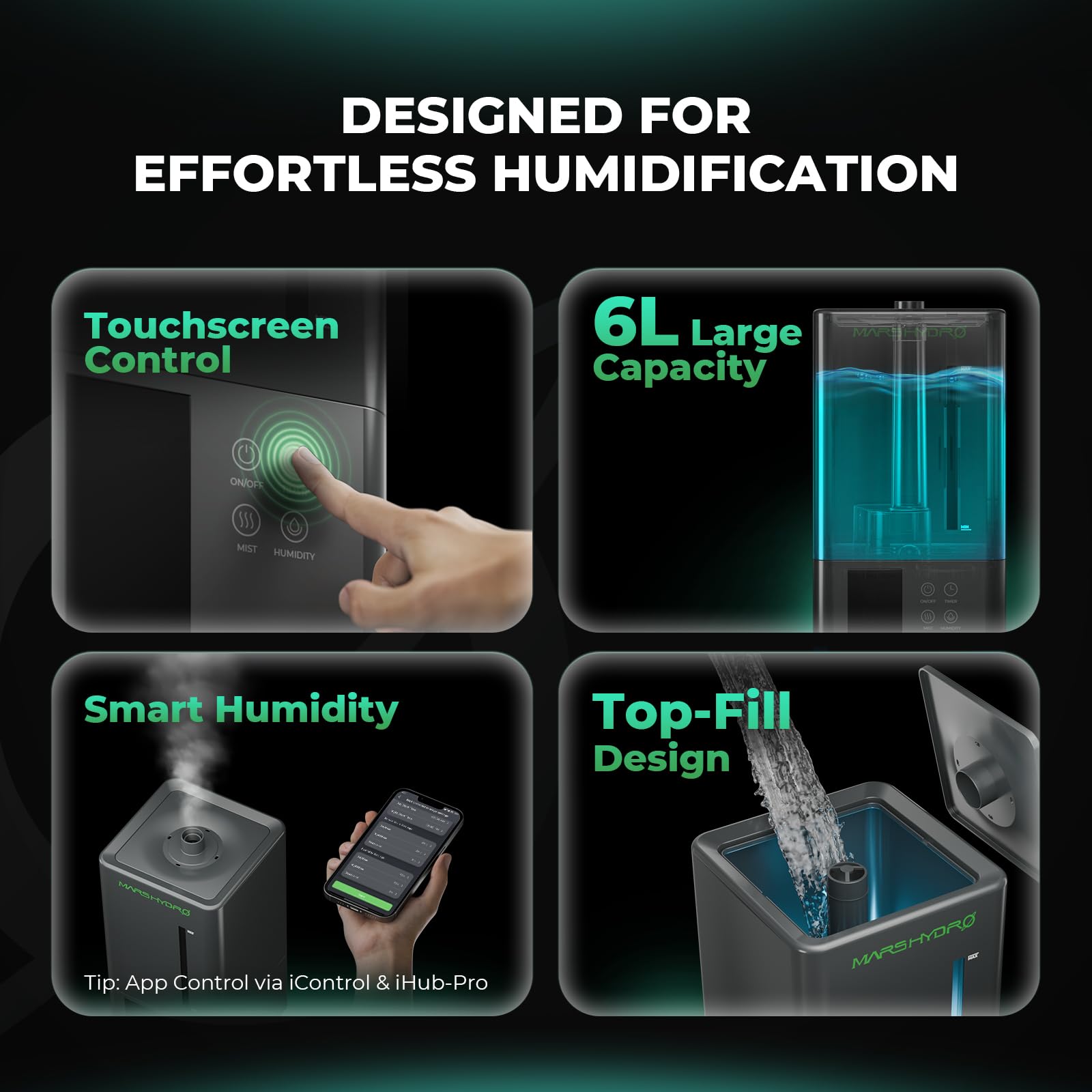 MARS HYDRO New Plant Humidifier 6L,with Adjustable Humidity,Timer Function,Ultrasonic Precise and Silent Operation,No-Leak Seal for Grow Tent,Indoor Planting,Greenhouse