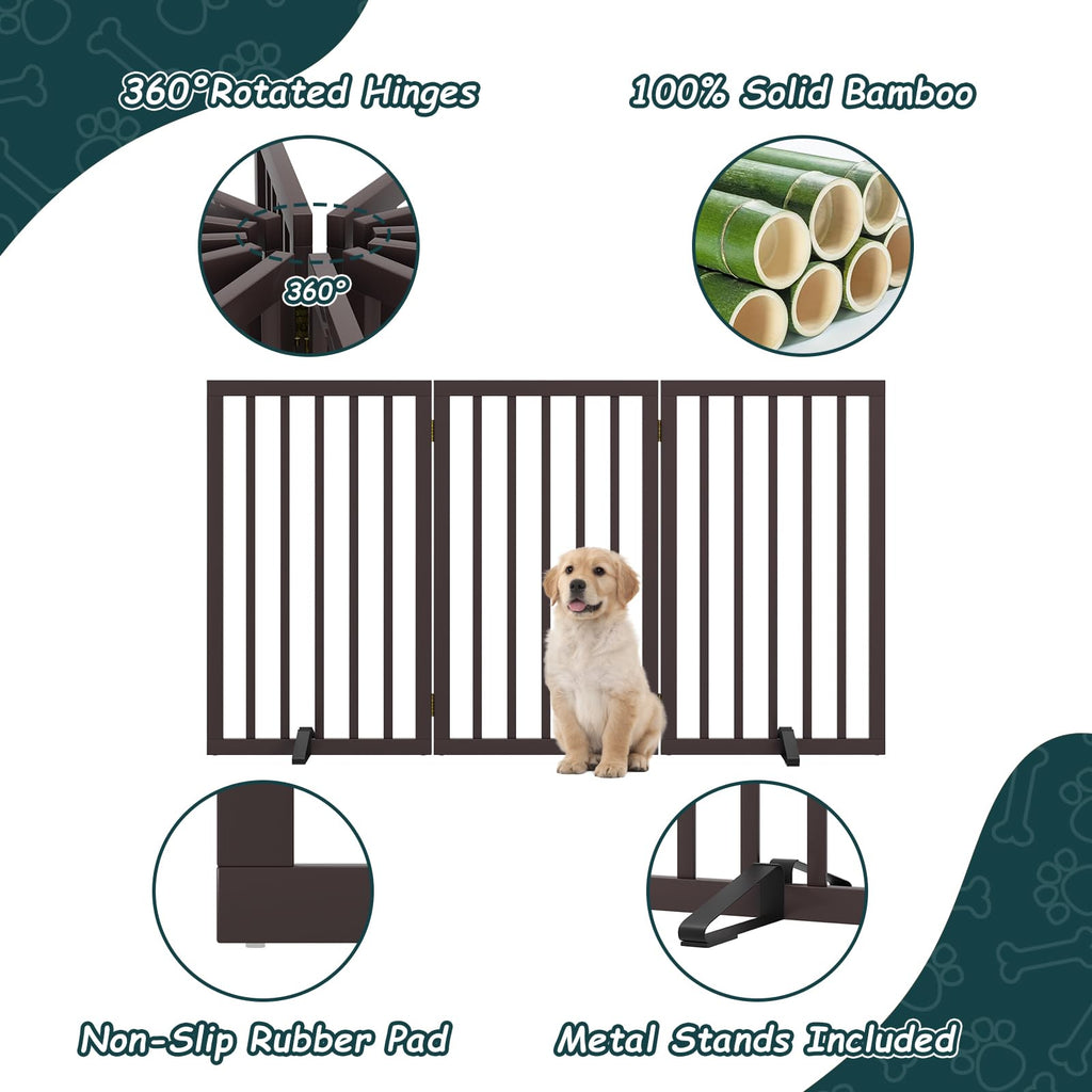 Semiocthome Absperrgitter für Hunde, 3-Panel Hundegitter, ausgestattet mit 2 Metallstützen, 82 cm hoch, faltbares Gitter für den Innenbereich, erweiterbar bis 140 cm Breite, Braun