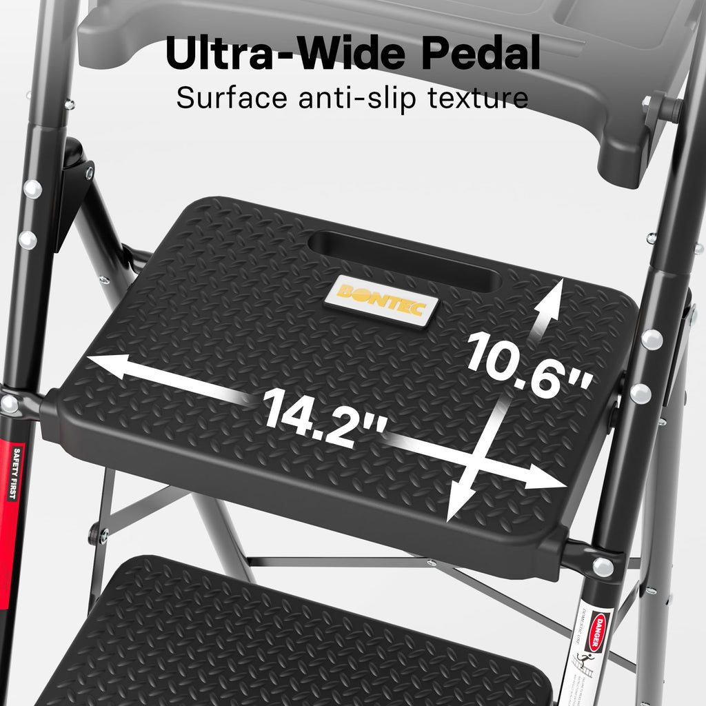 BONTEC Trittleiter 4 Stufen Klappbar, 150kg Kapazität mit Breiten Anti-Rutsch-Pedalen, Faltbarer Stahl-Tritthocker, Schwamm-Lenker, Zuhause, Speisekammer, Innen- und Außenbereich, Schwarz