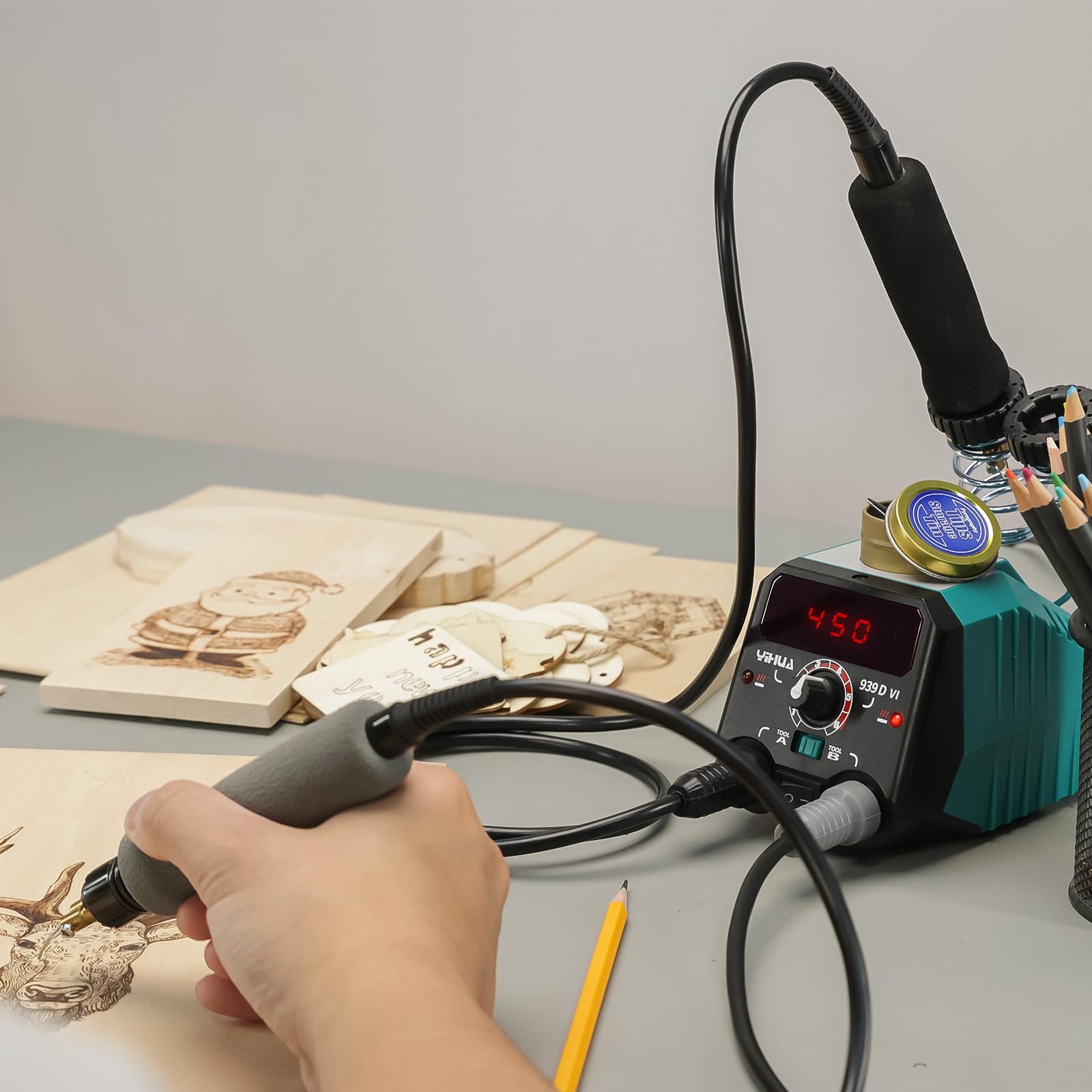 YIHUA 939D-VI Doppelstift brandmalerei brennpeter für holz mit Digitalanzeige mit 20 Drahtspitzen, abnehmbarem holzbrennstift, 2 Holzstücken als brandmalerei holzbrennstift und Brenneisen für Holz
