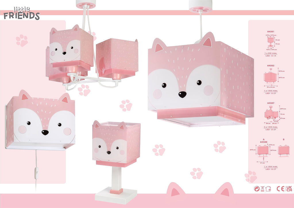 Dalber kinder Wandlampe, Kinderlampe Wandleuchte, kinderzimmer Little Fox Fuchs Tiere, Rose, 64588, E27