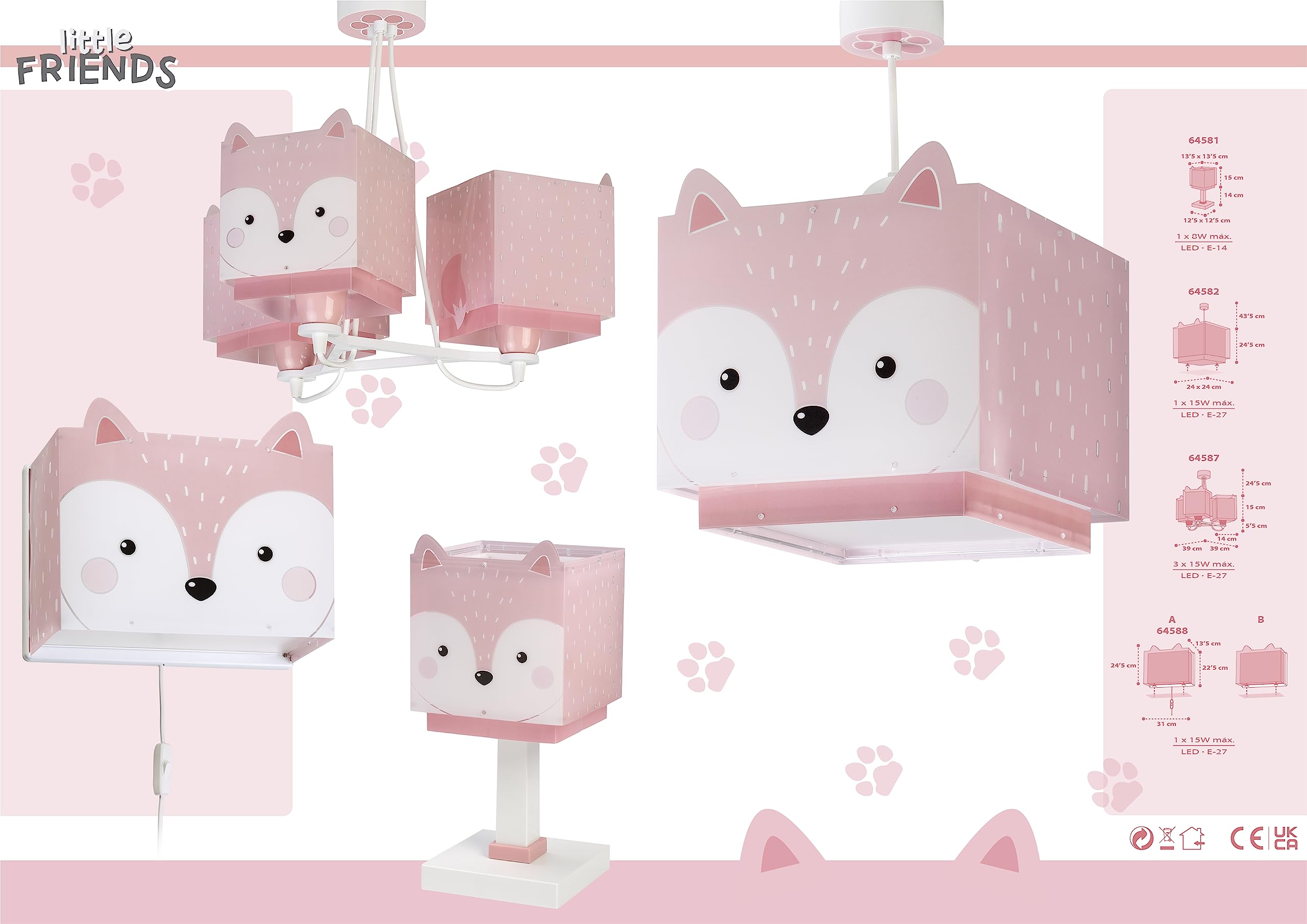 Dalber kinder Wandlampe, Kinderlampe Wandleuchte, kinderzimmer Little Fox Fuchs Tiere, Rose, 64588, E27