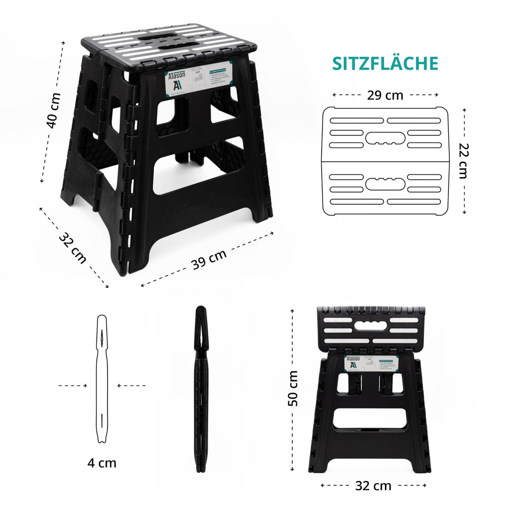 VERGLEICHSSIEGER - Alason® Tritthocker Klappbar 39cm, Belastbar bis 200kg – Mit Aufhängehaken & Aufbewahrungstasche – Platzsparender, Faltbarer Hocker in Anthrazit/Schwarz für Zuhause, Küche & Bad