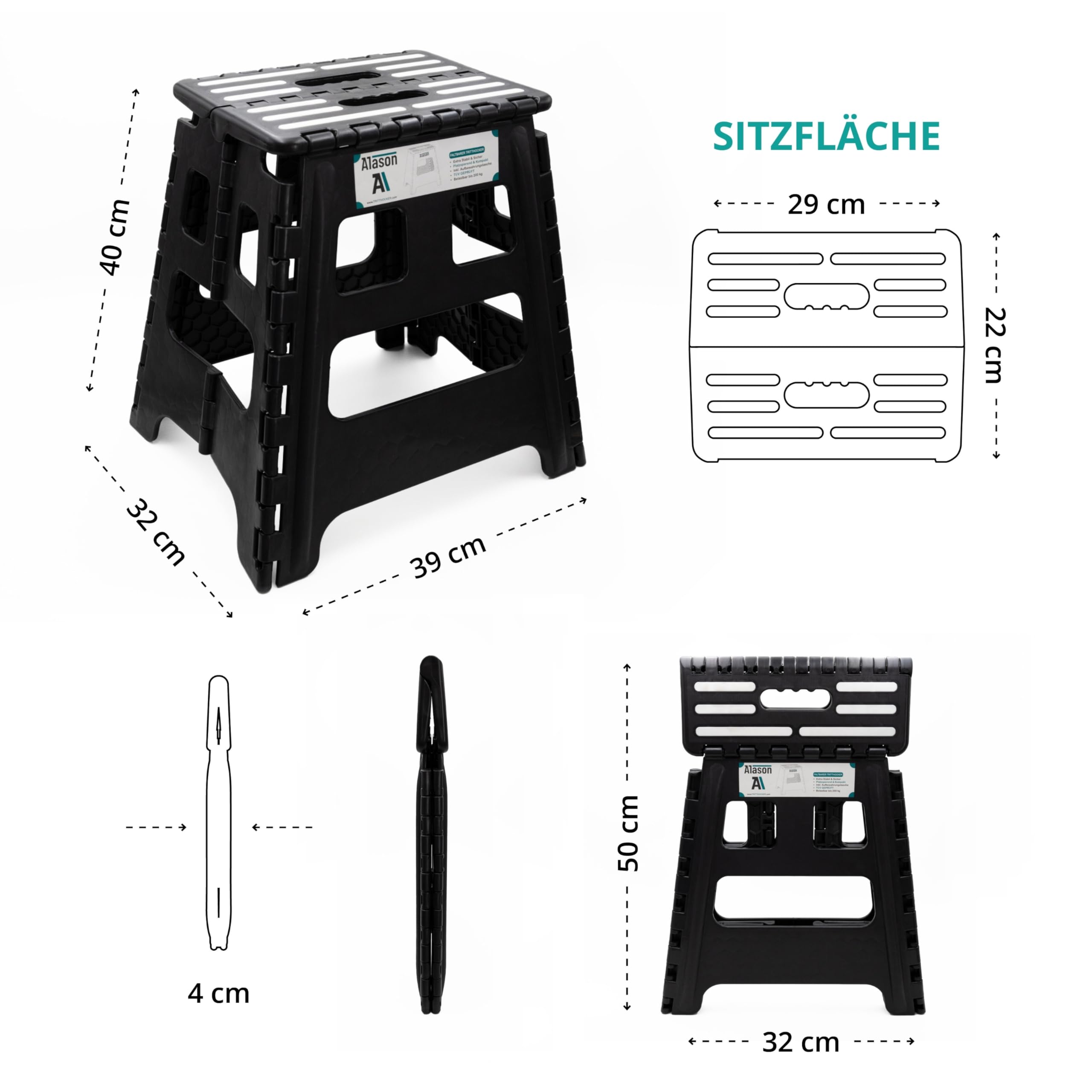 VERGLEICHSSIEGER - Alason® Tritthocker Klappbar 39cm, Belastbar bis 200kg – Mit Aufhängehaken & Aufbewahrungstasche – Platzsparender, Faltbarer Hocker in Anthrazit/Schwarz für Zuhause, Küche & Bad