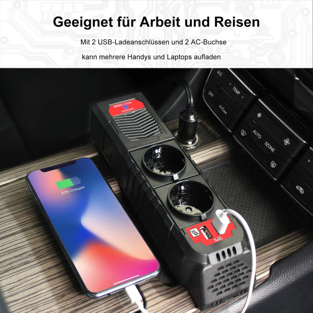 BYGD 150W Auto Spannungswandler Wechselrichter DC 12V auf 230V AC-Wandler mit 2 Ladesteckdosen und Zwei 2,4A USB-Anschlüssen Zigarettenanzünder-Steckdosenadapter für Geschaeftsfahrten und Urlaub