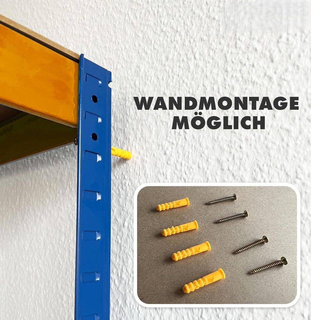 KARAT schwerlastregal - Steckregal, Kellerregal, Lagerregal, Werkbank - Traglast bis 1250 kg - Schnelle Montage & Standsicher (Blau-Orange, 180 x 120 x 45 cm)