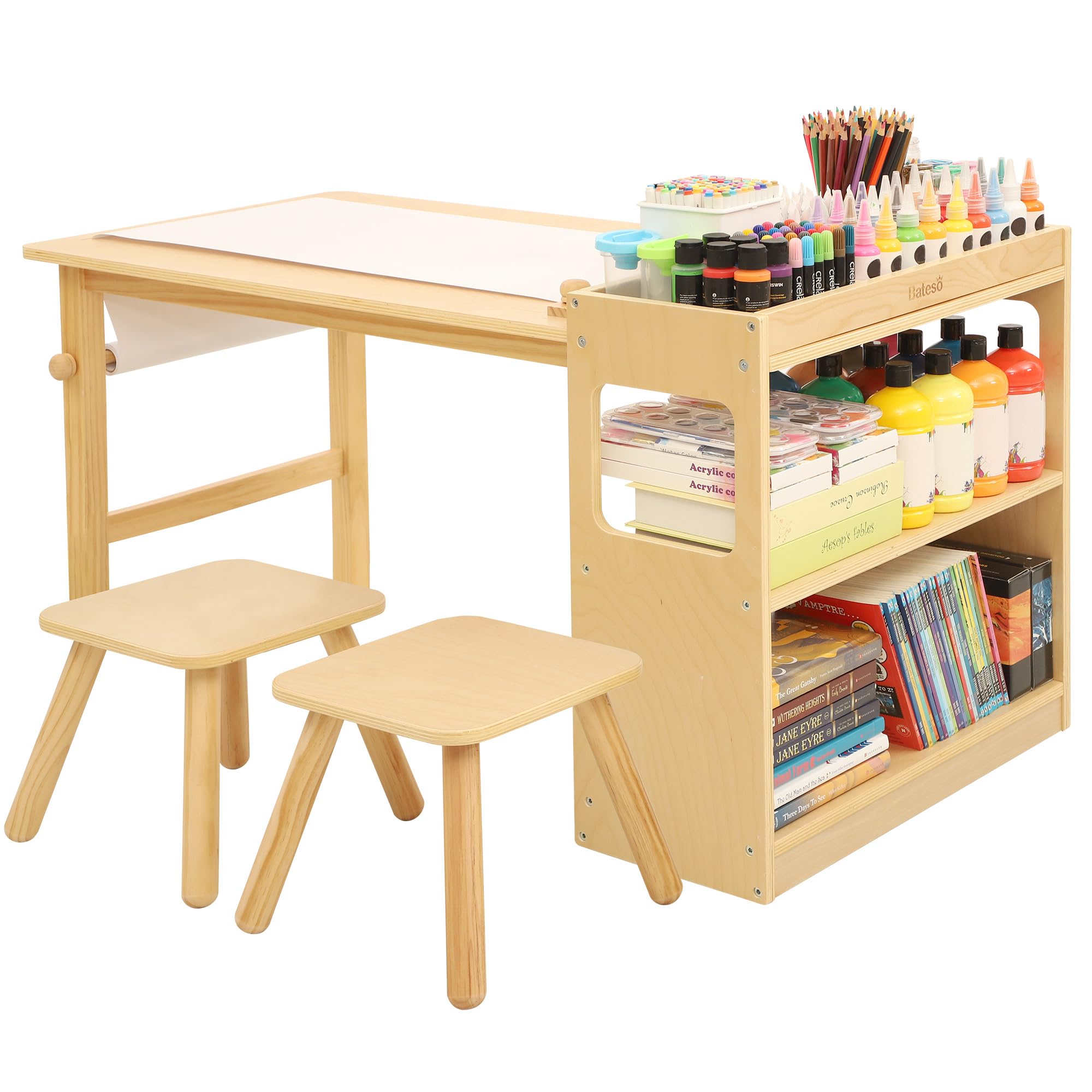 Bateso Kinder-Kunsttisch & 2 Stühle Set mit Rollenpapier - Geräumiger Basteltisch mit Ablageflächen zum Zeichnen, Arbeiten und Lernen - Ideale Holzmöbel für kreatives Spielen