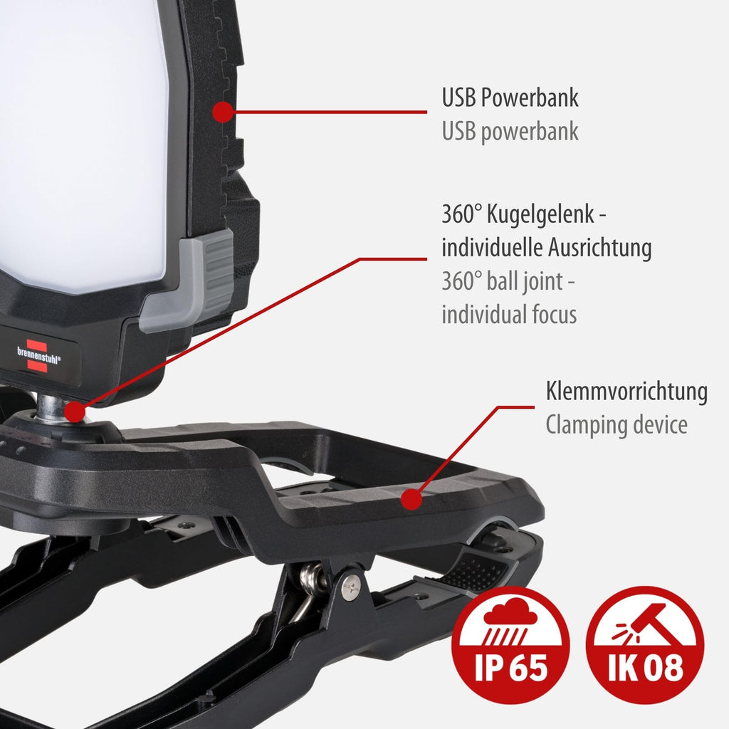 Brennenstuhl klemmbarer LED Arbeitsstrahler CL 4050 MA (40W, 3800lm, IP65, Akku LED Arbeitsleuchte mit Neigungswinkel, USB, Powerbank, Engineered in Germany)