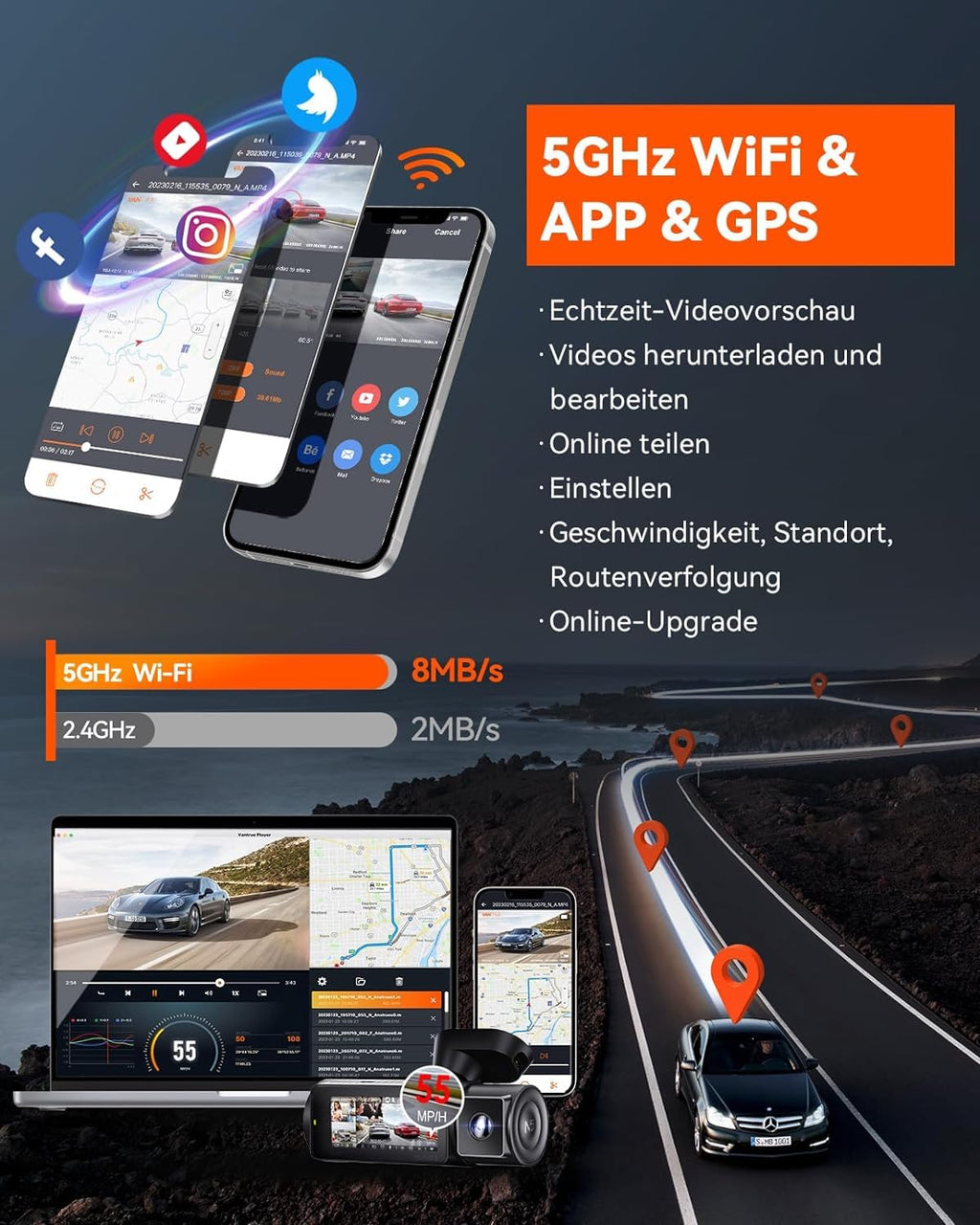 VANTRUE N5 4 Kanal 2.7K STARVIS 2 Dashcam Auto 1944P+ 3 Lens 1080P Dash Cam Vorne Innen Hinten, 5.8GHz WiFi, IMX675 HDR Nachtsicht Dash Camera Auto 24H Parkmodus, Sprachbefehle, Max 1TB