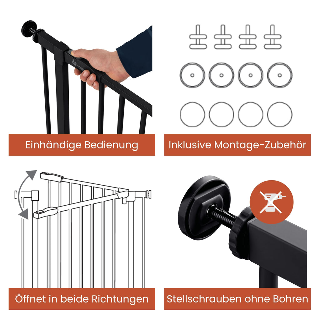 hauck Open N Stop 2, Schwarz - Kinderschutzgitter Hundegitter, Verstellbare Breite 75-80 cm, 77 cm Hoch, Beidseitige Einhand Öffnung, ohne Bohren, für Innen